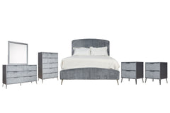 The Kailani 6 Piece Bedroom Set in Gray combines modern elegance, luxurious comfort, and practical functionality, creating the ultimate solution for a stylish and serene bedroom retreat. This set includes an upholstered panel bed, dresser, mirror, chest, 
