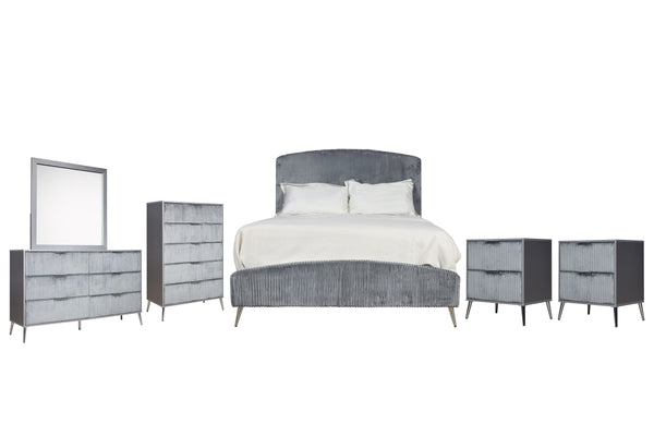The Kailani 6 Piece Bedroom Set in Gray combines modern elegance, luxurious comfort, and practical functionality, creating the ultimate solution for a stylish and serene bedroom retreat. This set includes an upholstered panel bed, dresser, mirror, chest, 