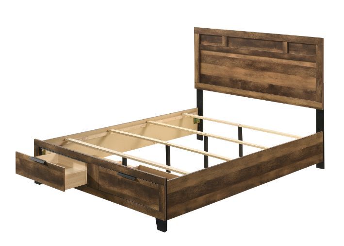 Create a cozy environment with the Morales storage bed. The neutral rustic brown finish creates an inviting atmosphere, perfect for creating your ideal color scheme with linens and throw pillows. The footboard has two convenient drawers to maximize the sp