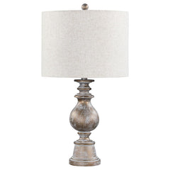 Dress up end tables and consoles with this elegant, contemporary table lamp. Designed with a contoured poly frame with intricate details, this sophisticated table lamp lends itself to transitional interiors easily. Enhanced by the weathered appearance of 