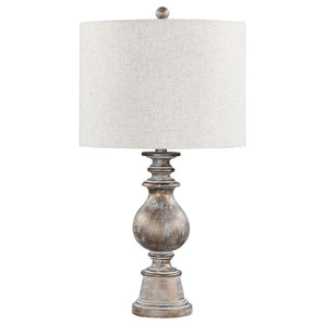 Dress up end tables and consoles with this elegant, contemporary table lamp. Designed with a contoured poly frame with intricate details, this sophisticated table lamp lends itself to transitional interiors easily. Enhanced by the weathered appearance of 