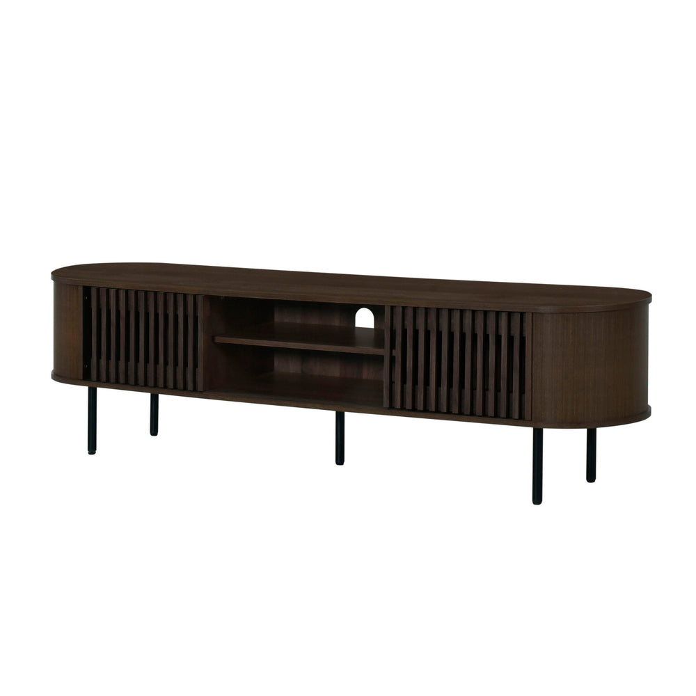 The Brax 70" TV Console with Sliding Doors in Walnut combines sturdy, eco-friendly construction with ample storage and modern style. Crafted from manufactured wood and covered in durable, environmentally friendly decorative laminate, this console is not o