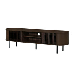 The Brax 70" TV Console with Sliding Doors in Walnut combines sturdy, eco-friendly construction with ample storage and modern style. Crafted from manufactured wood and covered in durable, environmentally friendly decorative laminate, this console is not o