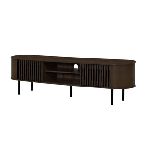 The Brax 70" TV Console with Sliding Doors in Walnut combines sturdy, eco-friendly construction with ample storage and modern style. Crafted from manufactured wood and covered in durable, environmentally friendly decorative laminate, this console is not o