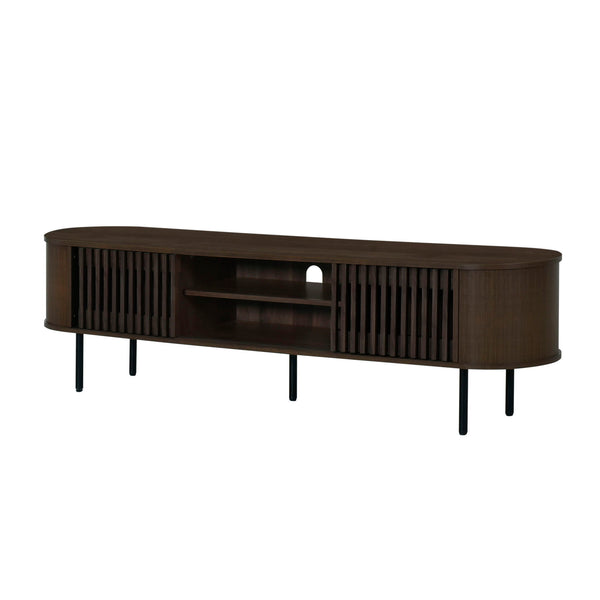 The Brax 70" TV Console with Sliding Doors in Walnut combines sturdy, eco-friendly construction with ample storage and modern style. Crafted from manufactured wood and covered in durable, environmentally friendly decorative laminate, this console is not o