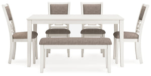  chairs and bench pairs a crisp white hue with gray textured upholstery. It-'s a fres
