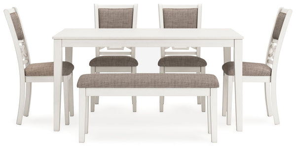  chairs and bench pairs a crisp white hue with gray textured upholstery. It-'s a fres