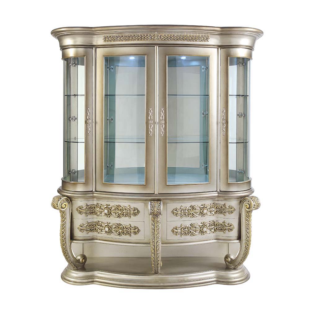 Making dining a celebrated event again. Creating a grand statement has never been easier. Bringing glamour to any dining experience with its antique silver and gold finish and its many decorative touches, including a decorative base and drawer fronts. Dis