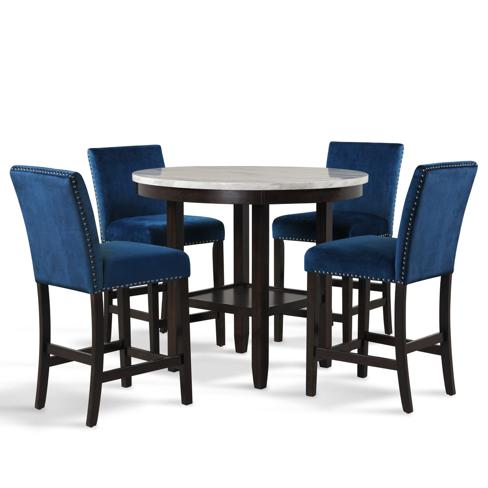 The Celeste 5-Piece Counter Dining Set is an exquisite combination of modern sophistication and enduring craftsmanship. This set includes a chic 42-inch counter table with an espresso base and a faux marble top, accompanied by four stunning blue velvet ch