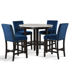 The Celeste 5-Piece Counter Dining Set is an exquisite combination of modern sophistication and enduring craftsmanship. This set includes a chic 42-inch counter table with an espresso base and a faux marble top, accompanied by four stunning blue velvet ch