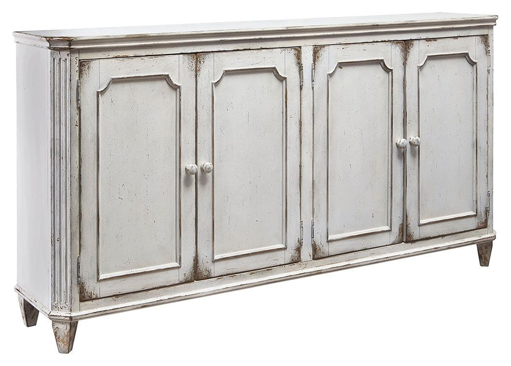 With its distressed vintage paint finish, fluted details and French provincial mouldings, this exquisite cabinet is sure to grace your space in such a trÃ¨s chic way. Adjustable shelved storage is abundantly practical, be it in a dining room, living room 