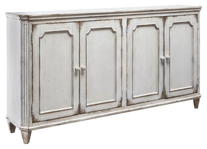 With its distressed vintage paint finish, fluted details and French provincial mouldings, this exquisite cabinet is sure to grace your space in such a trÃ¨s chic way. Adjustable shelved storage is abundantly practical, be it in a dining room, living room 