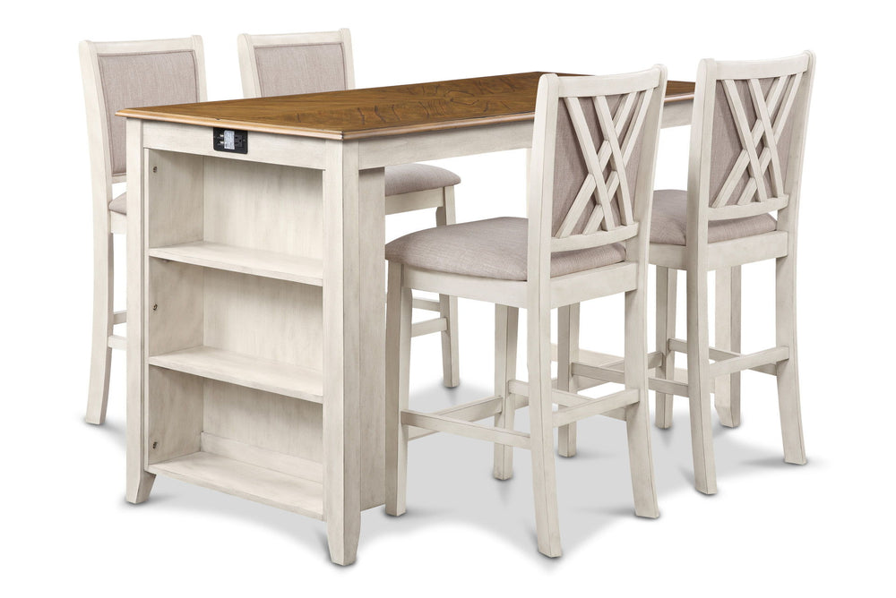The Amy 5-piece 60â€ counter dining set is a perfect union of practicality and. This comprehensive set includes a counter-height 60" dining table with a convenient storage shelf, four chairs, along with hardware, and assembly instructions for hassle-free