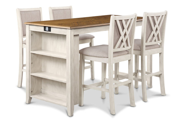 The Amy 5-piece 60â€ counter dining set is a perfect union of practicality and. This comprehensive set includes a counter-height 60" dining table with a convenient storage shelf, four chairs, along with hardware, and assembly instructions for hassle-free
