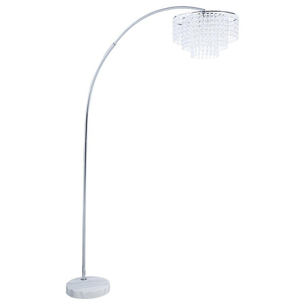 Blend beautiful shapeliness and soft curves with modern and classic materials in this brilliant floor lamp. Designed to light up any space, as well as your sense of aesthetics, this drooping floor lamp has eye-catching appeal. The lamp is anchored by a ma