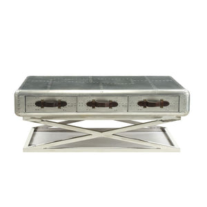  Rectangular Coffee Table: Trunk Top Design â€¢ Storage: 3 Drw (Open Base) â€¢â€¢ CONSTRUCTION â€¢â€¢ Trunk Top & Drawer: Aluminum with Ply Frame â€¢ Metal -"X-" Shape Base & Crossbar Support: Iron Base â€¢ Drawer: GLIDE Side Metal (Full Ext.)