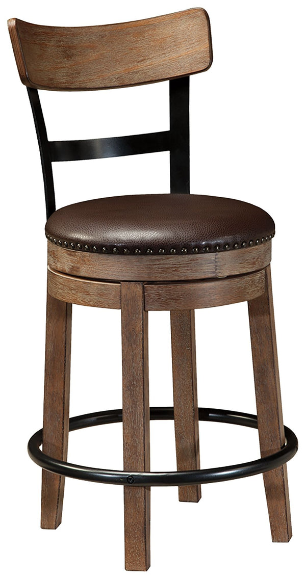 This striking counter height bar stool serves a sense of refinement without all the formality. A 360-degree spin element keeps you in the flow of conversation, while faux leather upholstered seating incorporates comfort and easy cleanup. The frameâ€™s sig