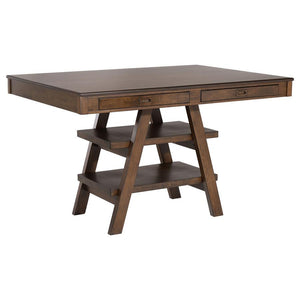 Entertain at this transitional counter height dining table, featuring ample seating space for up to six guests or family members. A rich walnut finish offers a neutral color palette and bold look to this furniture piece. With a raised counter height top, 