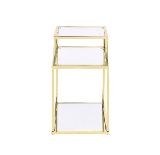 Modern simplicity makes your space feel uncluttered and stylish. The Uchenna Side Table has a brilliant color and lustrous finish to enhance it-'s sleek modern silhouette. Metal table frame in a gold finish exudes lustrous shine, topped with tempered glas