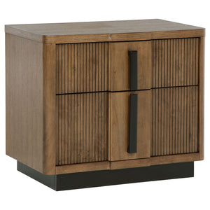 Introduce a decorative touch and plenty of convenience with a modern two-drawer nightstand. Crafted in wood, it receives a cool ash brown wood grain finish with distinctive dark drawer pulls and a matching recessed base. The drawers offer ample storage at