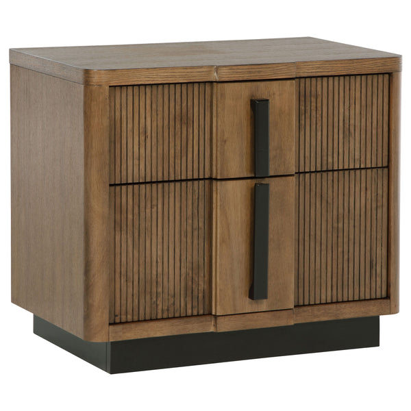 Introduce a decorative touch and plenty of convenience with a modern two-drawer nightstand. Crafted in wood, it receives a cool ash brown wood grain finish with distinctive dark drawer pulls and a matching recessed base. The drawers offer ample storage at