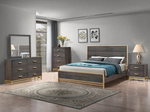 Step into a realm of contemporary sophistication with this bedroom collection. Flaunting a harmonious blend of rich, warm wood tones and bold, metallic accents, each piece exudes a luxe yet inviting appeal. The bed, with its sleek, linear design and strik
