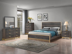 Step into a realm of contemporary sophistication with this bedroom collection. Flaunting a harmonious blend of rich, warm wood tones and bold, metallic accents, each piece exudes a luxe yet inviting appeal. The bed, with its sleek, linear design and strik