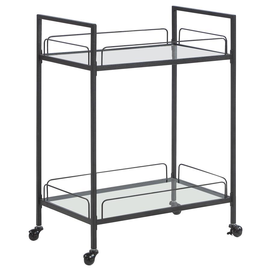 Minimal, clean lines create a versatile and sleek aesthetic to this contemporary serving cart. Built with a slim metal frame in a black hammer tone powder coated finish with caster wheels, this serving cart welcomes glassware, accessories and snacks to be