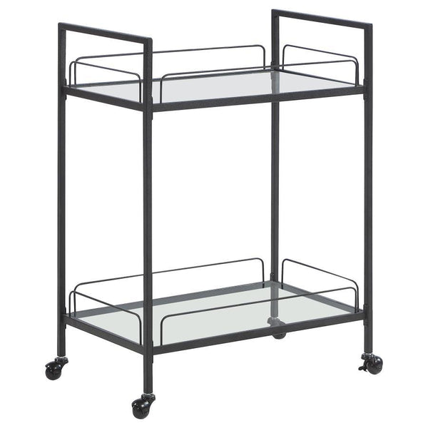 Minimal, clean lines create a versatile and sleek aesthetic to this contemporary serving cart. Built with a slim metal frame in a black hammer tone powder coated finish with caster wheels, this serving cart welcomes glassware, accessories and snacks to be