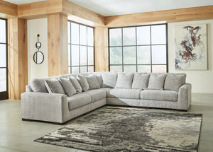Sit back and enjoy the velvety softness of this sectional. Its contemporary design is accentuated by a subtle chevron pattern that masters the art of smart and sophisticated style. <h4><b>Regent Park - Pewter - LAF Corner Chair</b></h4> <table width=-"100
