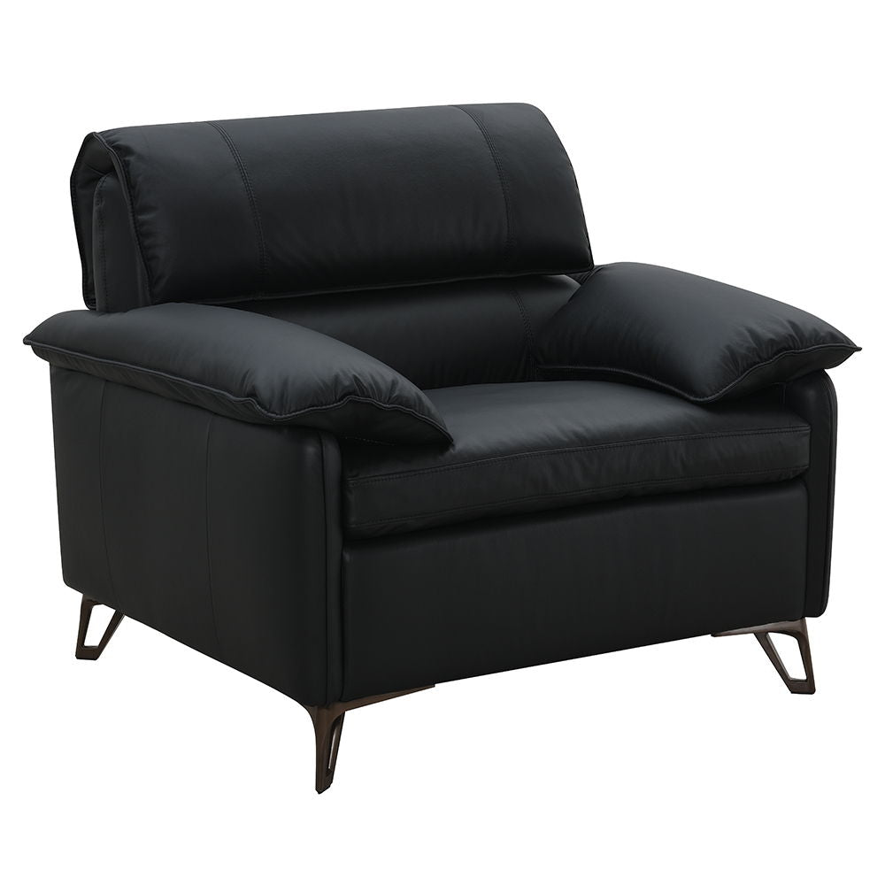 The Eilene sofa offers a luxurious blend of style and comfort with its black top grain leather upholstery. Full foam cushioning and a wooden inner frame provide robust support. Complemented by sleek aluminum legs, this sofa promises durability and modern 
