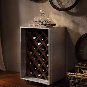 Assambled, Rectangular Wine Cabinet â€¢ Storage: Wine Bottle Cabinet (Open Front) â€¢ Patchwork Aluminum Case-Frame, Wooden Storage, Caster Wheels<br/><br/><b>Product Features</b><ul><li>Rectangular Wine Cabinet</li><li>Storage: Wine Bottle Cabinet (Open 