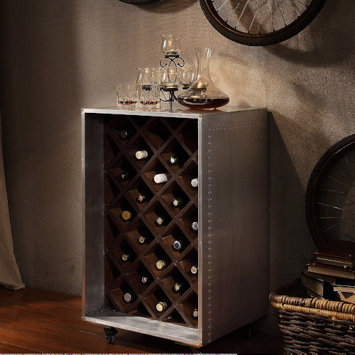 Assambled, Rectangular Wine Cabinet â€¢ Storage: Wine Bottle Cabinet (Open Front) â€¢ Patchwork Aluminum Case-Frame, Wooden Storage, Caster Wheels<br/><br/><b>Product Features</b><ul><li>Rectangular Wine Cabinet</li><li>Storage: Wine Bottle Cabinet (Open 