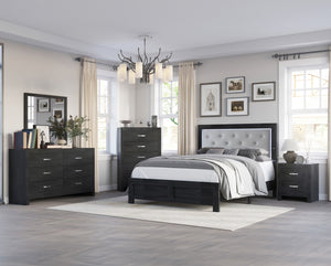 This bedroom suite offers a straightforward, modern design with a rich, dark finish that could seamlessly integrate into various decor styles. The set is pragmatic yet stylish, featuring clean lines and a simple, sturdy construction. The bed-'s headboard 
