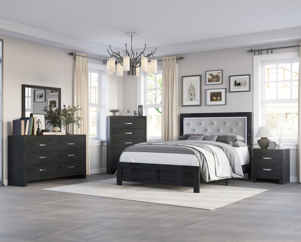 This bedroom suite offers a straightforward, modern design with a rich, dark finish that could seamlessly integrate into various decor styles. The set is pragmatic yet stylish, featuring clean lines and a simple, sturdy construction. The bed-'s headboard 