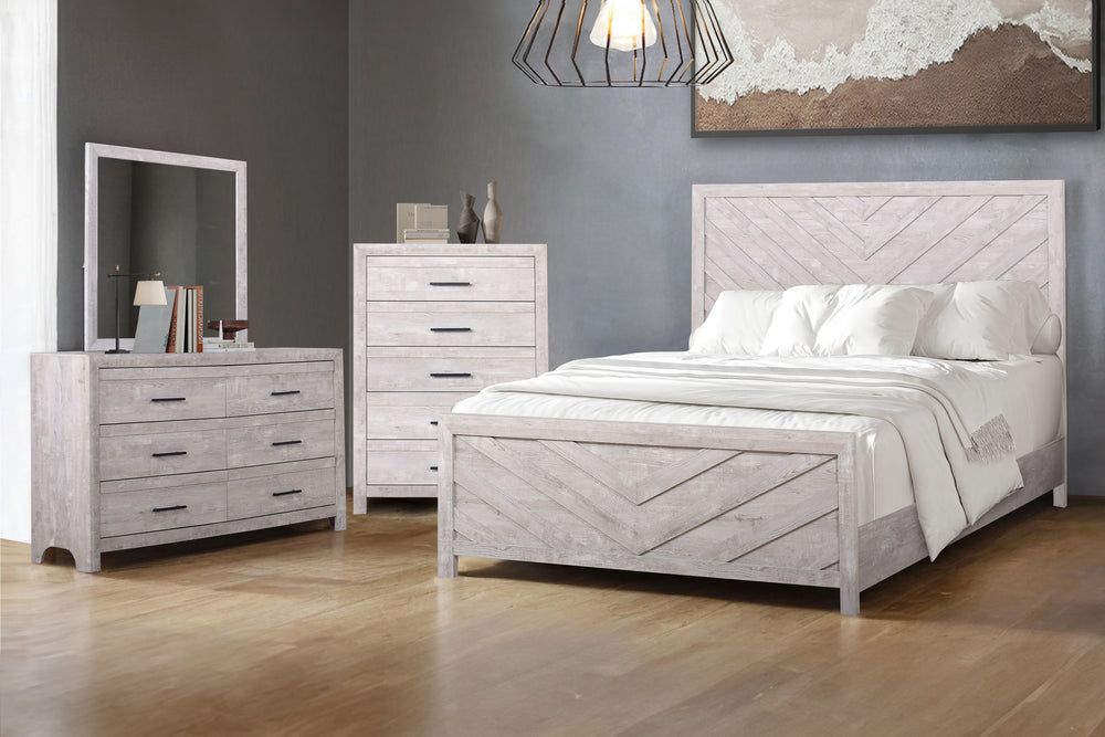Introducing the Biscayne 4 Piece Bedroom Set, a comprehensive ensemble featuring a stylish bed, 6-drawer dresser, mirror, and 5-drawer chest. Crafted with durable manufactured wood and finished with Eco-Friendly laminated surfaces, this set promises stren