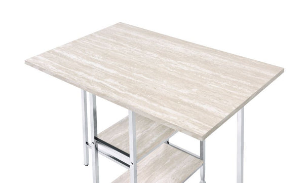  this versatile counter high table is design with two open shelves on the base. Comprised of stark lines and sleek angles