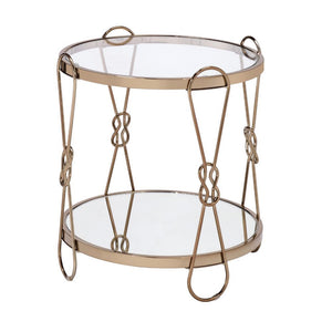 KD, Drum End Table â€¢ Storage: Open Compartment (Mirrored Shelf, Fixed) â€¢ Features: Mirrored Top & Shelf, Drum Shape, Metal Frame (Open Base) â€¢â€¢ CONSTRUCTION â€¢â€¢ TOP/SHELF) 5mm Mirror â€¢ BASE) Drum Shape, Metal Base: Champagne finish, Metal Tub