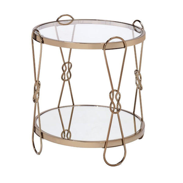 KD, Drum End Table â€¢ Storage: Open Compartment (Mirrored Shelf, Fixed) â€¢ Features: Mirrored Top & Shelf, Drum Shape, Metal Frame (Open Base) â€¢â€¢ CONSTRUCTION â€¢â€¢ TOP/SHELF) 5mm Mirror â€¢ BASE) Drum Shape, Metal Base: Champagne finish, Metal Tub