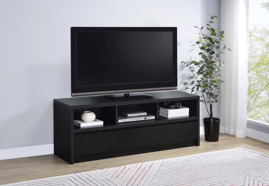 Upgrade your entertainment space with this black TV stand, crafted from engineered wood with a paper laminate veneer for durability and a sleek finish. The clean lines and modern design include open shelves for electronics, a wire management hole to reduc