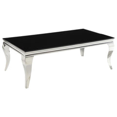 This coffee table showcases modern glam and functional sophistication with its tempered beveled glass top and polished stainless steel cabriole legs. The reflective finish and beautifully curved Queen Anne style legs offer a striking blend of timeless ele