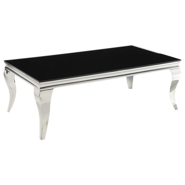 This coffee table showcases modern glam and functional sophistication with its tempered beveled glass top and polished stainless steel cabriole legs. The reflective finish and beautifully curved Queen Anne style legs offer a striking blend of timeless ele