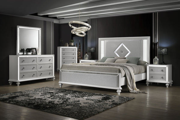 Discover the epitome of luxury with the Stardust 6 Piece Bedroom Suite, designed to elevate your bedroom to new heights of elegance. Your set includes a beautiful bed, dresser, mirror, 2 nightstands and chest. Crafted with meticulous attention to detail, 
