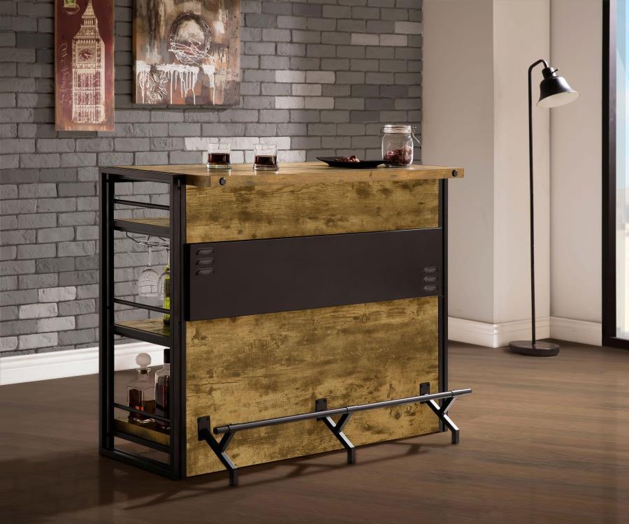 This home bar offers a stylish and functional centerpiece for entertaining guests. Designed with a rustic nutmeg wood-look laminate, it brings a warm, inviting feel to any space. A sturdy dark bronze powder-coated metal frame enhances durability while add