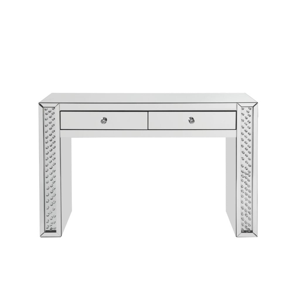 Assambled, Rectangular Vanity Desk â€¢ Storage: 2 Top Drw (Open Base) â€¢ Beveled Mirrored Finish, Clear Glass with Faux Crystal Inlay (Back Unfinished) â€¢ Orientation: Free Standing â€¢â€¢ CONSTRUCTION â€¢â€¢ Mirrored Top & Drw: Beveled Mirror, MDF (NO 