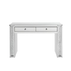 Assambled, Rectangular Vanity Desk â€¢ Storage: 2 Top Drw (Open Base) â€¢ Beveled Mirrored Finish, Clear Glass with Faux Crystal Inlay (Back Unfinished) â€¢ Orientation: Free Standing â€¢â€¢ CONSTRUCTION â€¢â€¢ Mirrored Top & Drw: Beveled Mirror, MDF (NO 