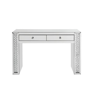 Assambled, Rectangular Vanity Desk â€¢ Storage: 2 Top Drw (Open Base) â€¢ Beveled Mirrored Finish, Clear Glass with Faux Crystal Inlay (Back Unfinished) â€¢ Orientation: Free Standing â€¢â€¢ CONSTRUCTION â€¢â€¢ Mirrored Top & Drw: Beveled Mirror, MDF (NO 