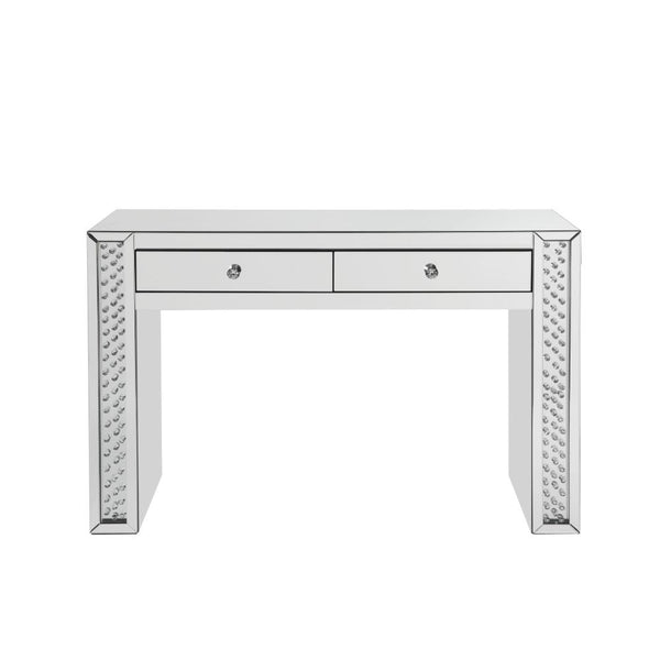 Assambled, Rectangular Vanity Desk â€¢ Storage: 2 Top Drw (Open Base) â€¢ Beveled Mirrored Finish, Clear Glass with Faux Crystal Inlay (Back Unfinished) â€¢ Orientation: Free Standing â€¢â€¢ CONSTRUCTION â€¢â€¢ Mirrored Top & Drw: Beveled Mirror, MDF (NO 