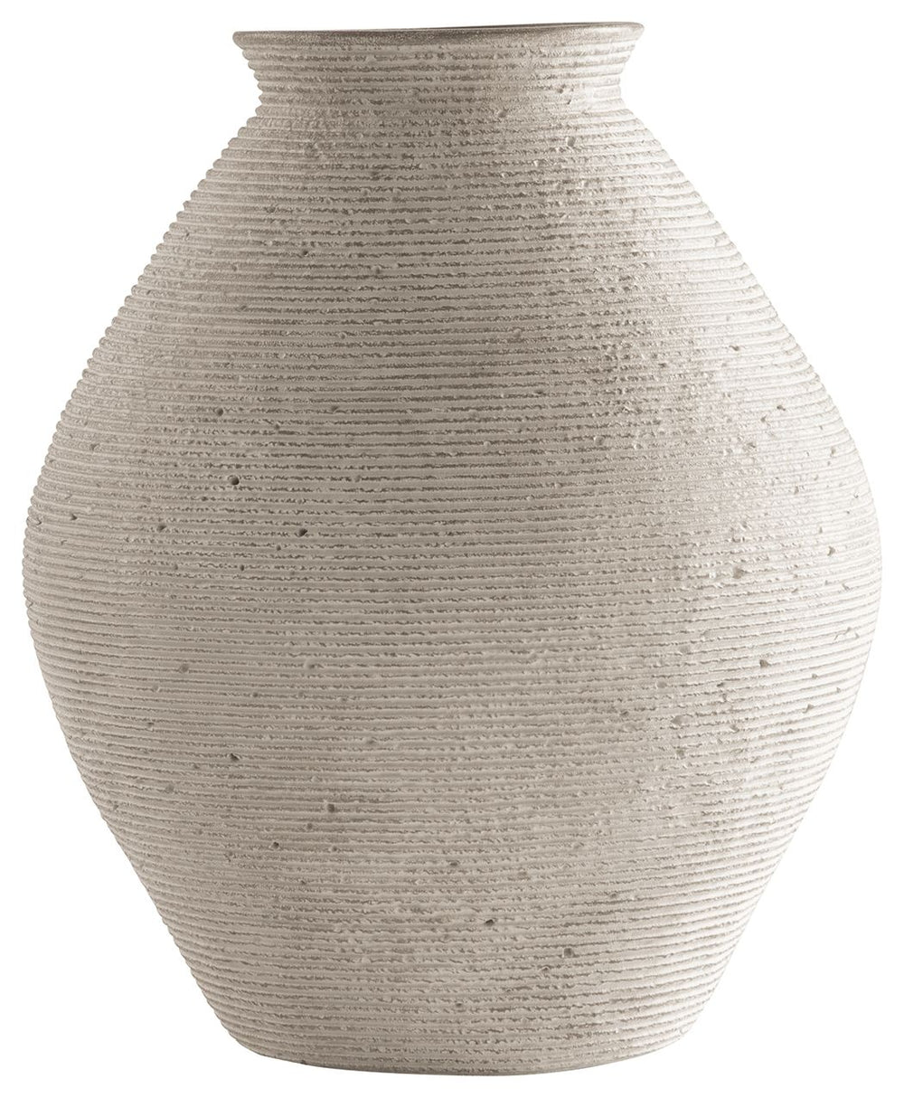 Ribbed textural rings give this vase a wonderful artisanal quality. An antiqued tan finish catches the eye, drawing attention to this elegantly fresh centerpiece.<br/><br/><b>Product Features</b><ul><li>Made of polyresin</li><li>Antiqued tan finish</li><l