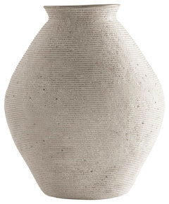 Ribbed textural rings give this vase a wonderful artisanal quality. An antiqued tan finish catches the eye, drawing attention to this elegantly fresh centerpiece.<br/><br/><b>Product Features</b><ul><li>Made of polyresin</li><li>Antiqued tan finish</li><l